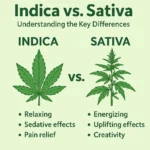 An infographic titled "Indica vs. Sativa: Understanding the Key Differences" with illustrations of cannabis leaves. On the left, an Indica leaf is shown with bullet points: "Relaxing," "Sedative effects," and "Pain relief." On the right, a Sativa plant is depicted with bullet points: "Energizing," "Uplifting effects," and "Creativity."