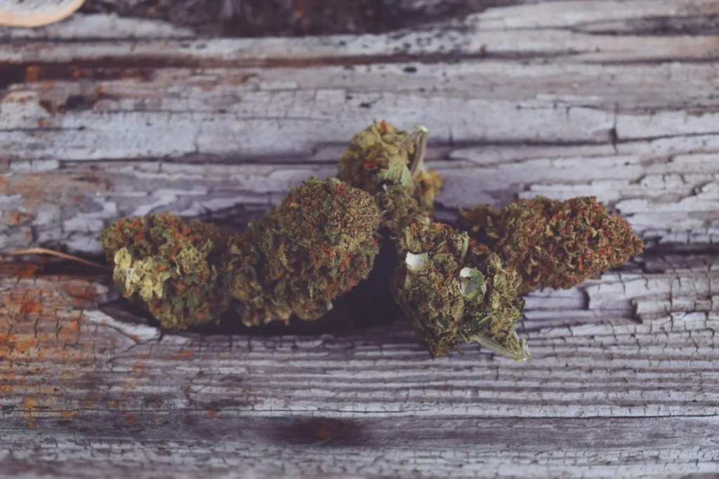 Several cannabis buds on a weathered wooden surface with a rustic texture.